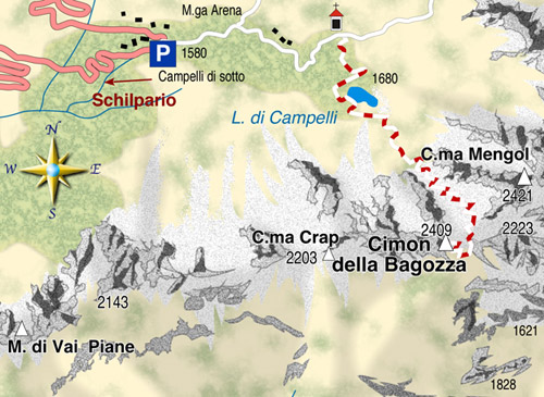 mappa di Cimon della Bagozza (2409 m), un angolo di Dolomiti in Lombardia