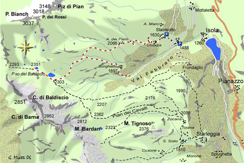 mappa di La Val Febbraro ed il Passo del Baldiscio
