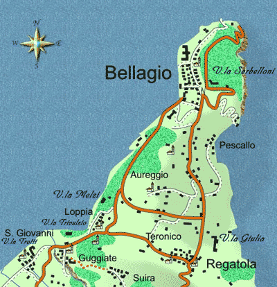 mappa di Bellagio, "perla del Lario", e il suo territorio