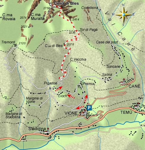 mappa di Per stradine e sentieri sulla panoramica Cima Bles