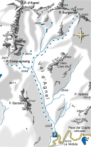 mappa di Val d'Agnel, Piz Campagnung 2826 m e Piz Surgonda 3197 m