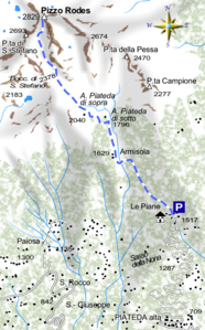 mappa di Pizzo di Rodes 2829 m, panorama a 360