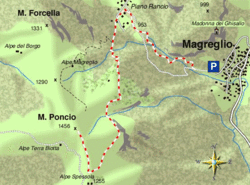 mappa di Alle sorgenti del Lambro e sul  Monte Poncio 1456 m.