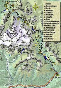 mappa di Il Bernina Express: un viaggio d'altri tempi fra le Alpi, sul minuscolo trenino rosso delle Ferrovie Retiche