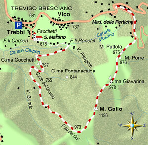 mappa di Monte Gallo (1136 m), sentinella di Treviso Bresciano