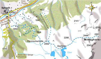 mappa di Mittaghorn, al di là dello Spluga
