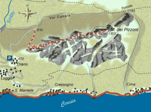 mappa di Il Monte dei Pizzoni scabrosa vetta su dolci paesaggi